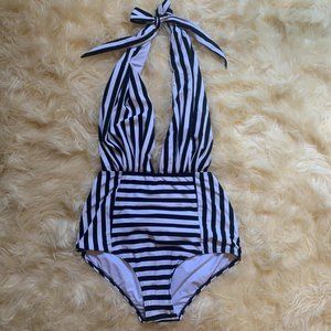 Deep V Neck Tied Retro One Piece Swimsuit